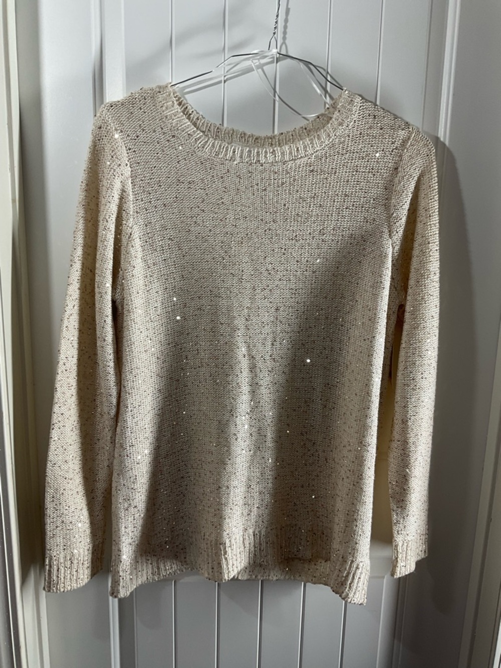 Time and Tru Cream Metallic Knit Crewneck Sweater